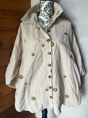 DAVI & DANI Cream Corduroy Jacket with Yellow Smiley Embroidery